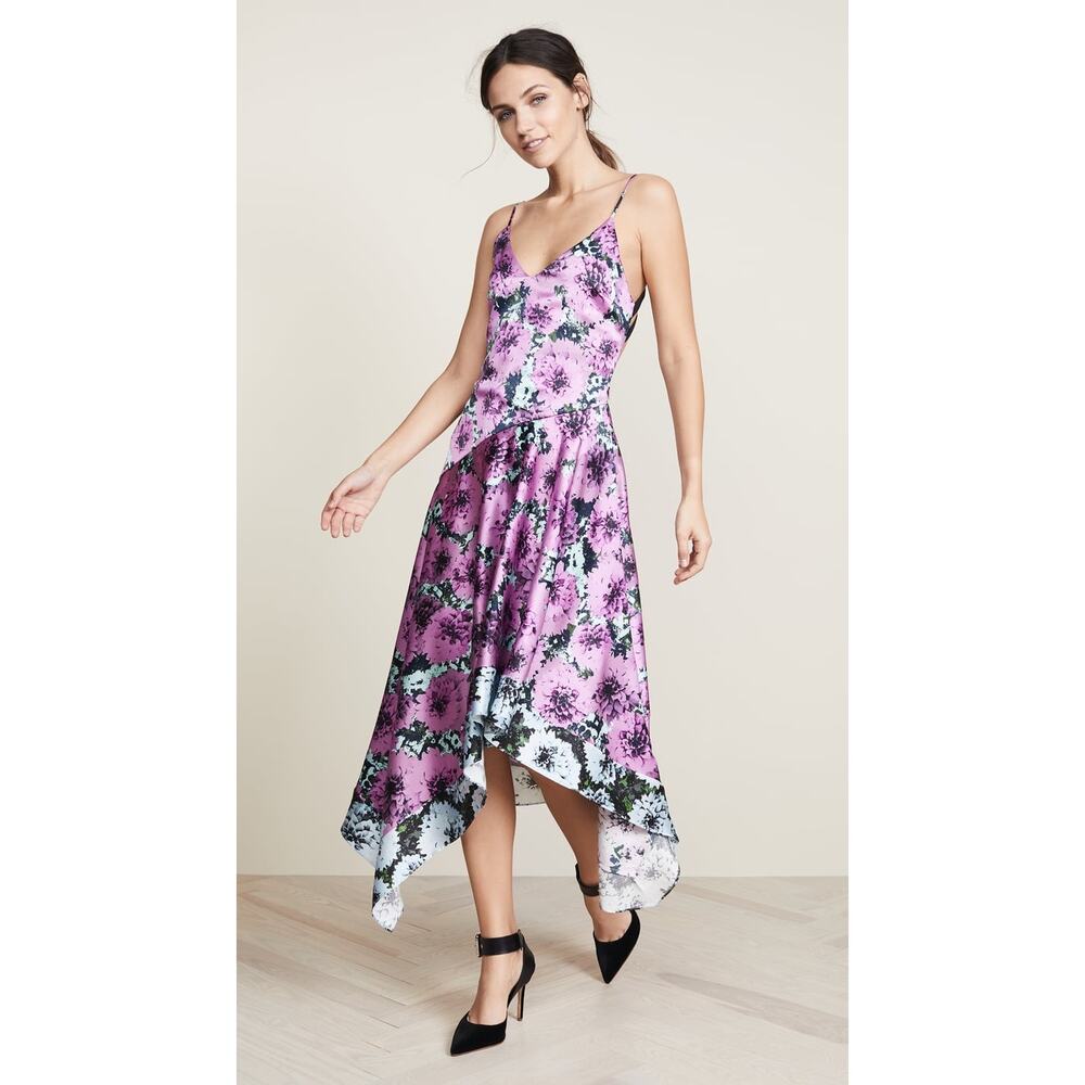 Fleur du Mal Pink Floral Midi Dress with Black & White Trim
